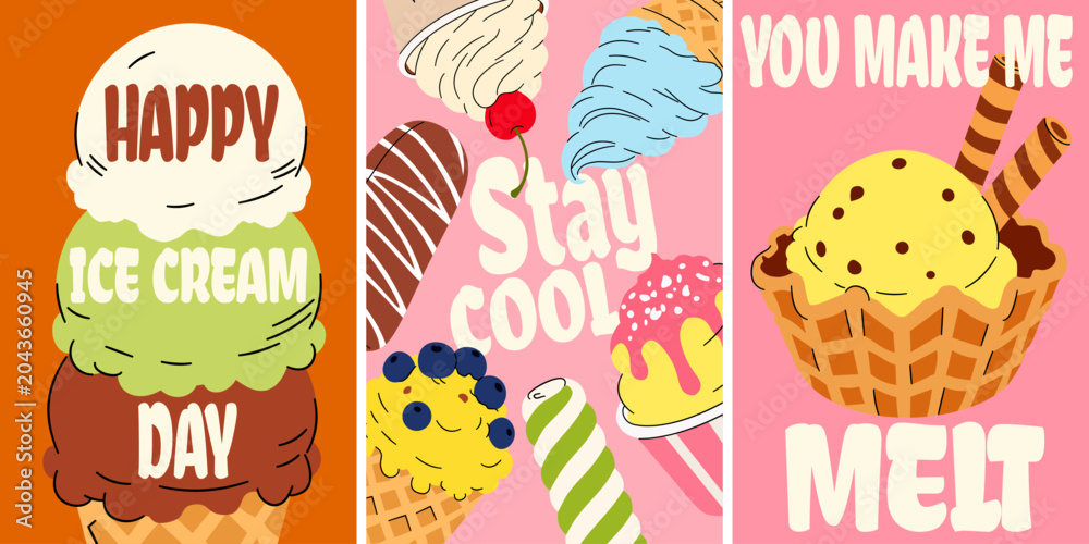Fototapeta premium Set of vertical ice cream banners with typography quotes vector illustration. Hand drawn ice cream posters