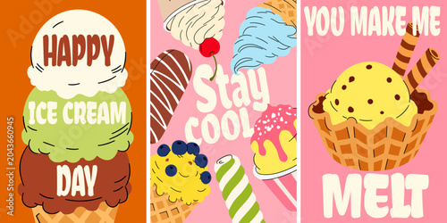 Fotografie Set of vertical ice cream banners with typography quotes vector illustration