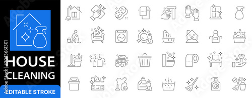 House cleaning and maid service line icon set. Home laundry, janitor professional equipment, washing and housekeeping outline symbols. Editable stroke.