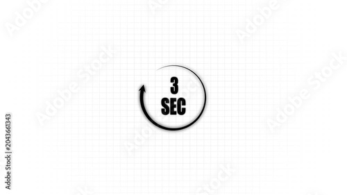 3 second countdown timer with circular progress bar animation on white grid background, 3 seconds clock