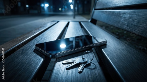 Smartphone and keys left on park bench at night