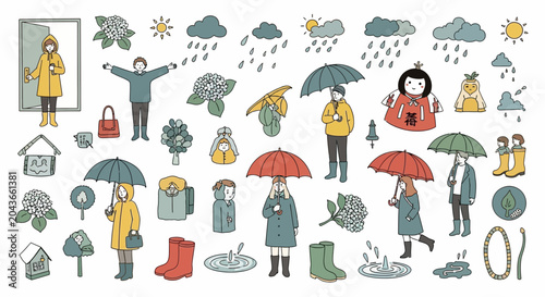 Fotografie Hand drawn doodle collection of people and items for rainy weather
