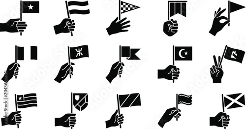 Bild auf Leinwand Hands Holding Flags Icons Set with Diverse Pennants for Protest and Event Design