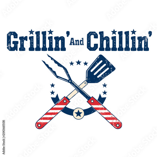 Grillin and chillin with barbecue tools and usa flag stars for summer patriotic celebration.