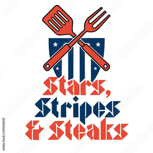Stars stripes and steaks bbq graphic design with patriotic colors and grilling tools for american barbecue celebration.