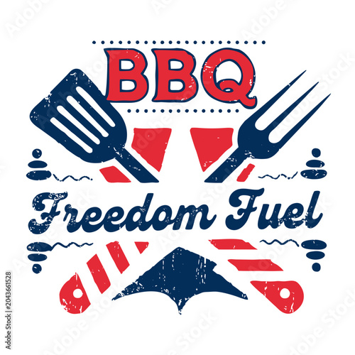 Bbq freedom fuel graphic with american flag elements, grilling tools, and celebratory design for national holidays.