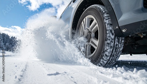 Close-up of a car tire driving through deep snow on a winter road, splashing snow.