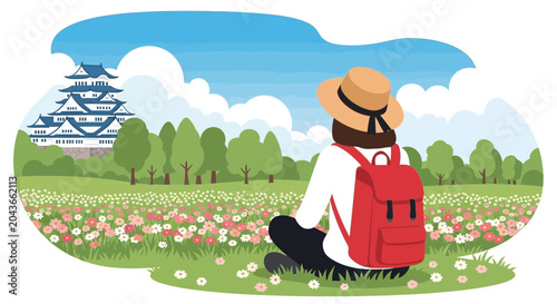 Cuadro en lienzo A person wearing a hat and red backpack sitting in a field.