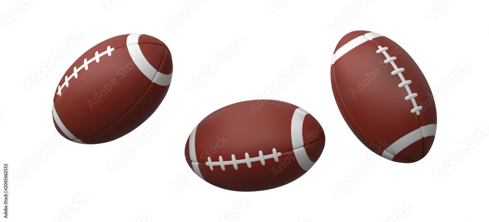 Naklejka premium American football ball realistic 3D mockup different angles vector icons set, college football team game sport equipment