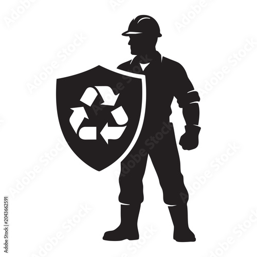 Silhouette of a worker holding a shield with a recycling symbol