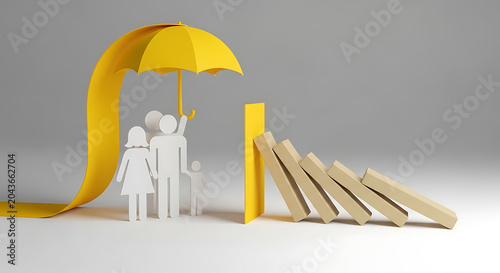 Family figures protected by a yellow umbrella from falling dominoes with protection umbrella dominoes insurance security stability financial planning abstract management guarantee assurance