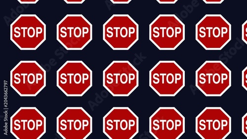 Classic red octagonal stop sign pattern repeating on dark navy . Bold traffic signage creates clear warning and prohibition visual. For safety, alerts, restrictions, boundaries.
