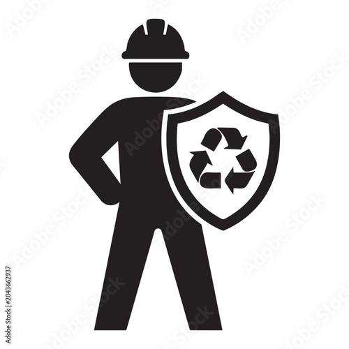 Icon of a construction worker holding a shield with a recycling symbol