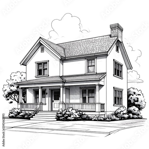 A large, two-story house with a covered porch