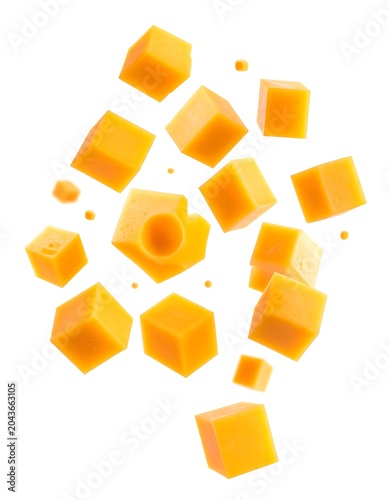 A collection of vibrant orange cubes of various sizes scattered randomly