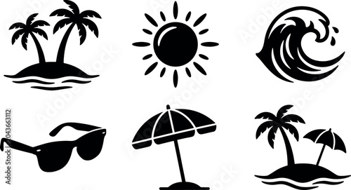 Tropical summer beach vacation icons set featuring palm trees sun ocean waves sunglasses and umbrella elements for holiday designs vector illustration