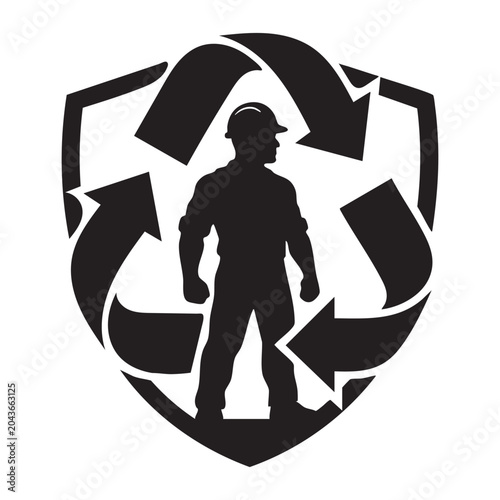 Silhouette of a construction worker inside a recycling symbol shield