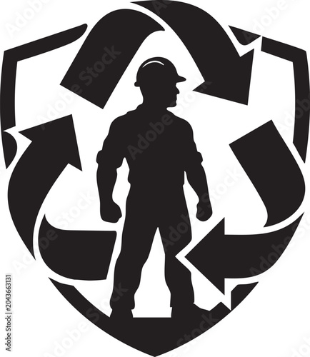 Silhouette of a construction worker inside a recycling symbol shield