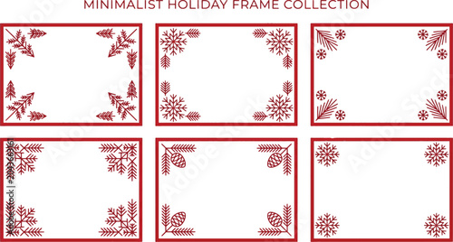 Minimalist holiday frame collection with red nordic folk art borders christmas ornaments snowflake and winter pine tree elements vector illustration