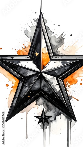 A large black star with a smaller one below, on orange and gray paint splatters