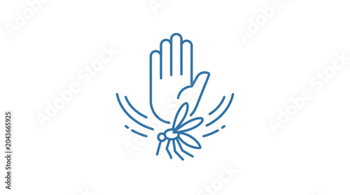 Schilderij op canvas A blue line art icon depicting a human hand shooing away a mosquito