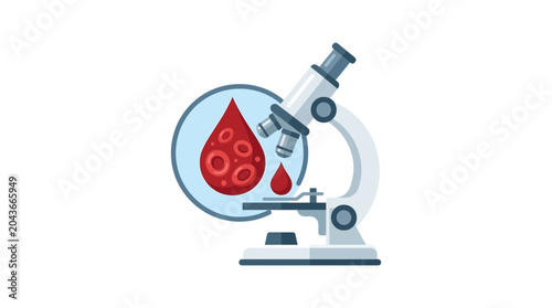 Photos A laboratory microscope examining a drop of human blood with visible red blood cells