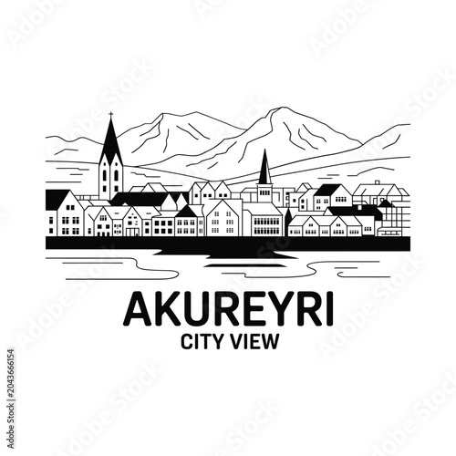 Schilderij op canvas akureyri city view line art black white
