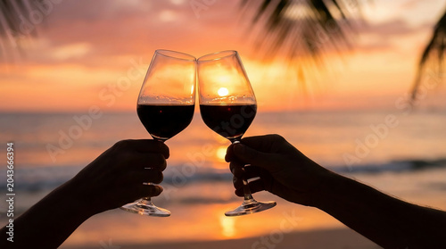 Two people toasting glasses of red wine at a tropical beach sunset, capturing romance, celebration, vacation lifestyle, and unforgettable seaside moments.
