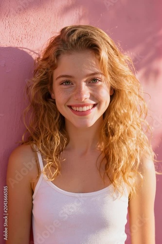 A smiling young woman stands against a pink wall in warm sunlight, with patterned shadows creating a vibrant and artistic portrait.