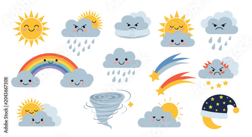Diverse collection of cute cartoon weather icons including happy suns, grumpy rain clouds, a tornado, and a sleeping moon.