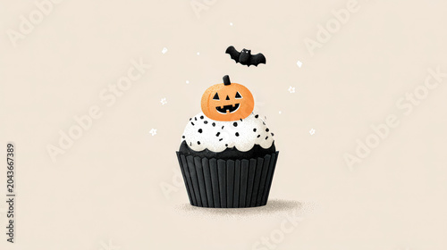 Halloween cupcake decorated with pumpkin and bat