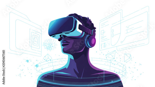 Fotografie Person wearing virtual reality headset with futuristic digital interface backgro