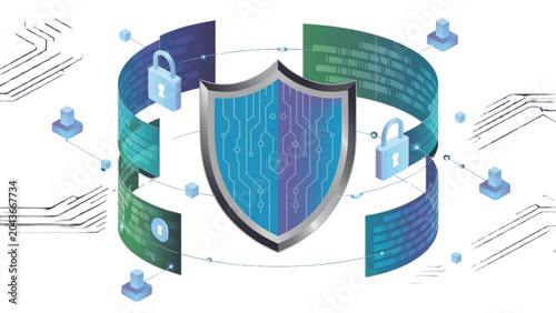 Fotografie Colorful digital shield with lock and network icons representing security and pr
