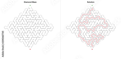 Canvas Print Hard diamond puzzle layout and marked route in basic outline style, uncolored an