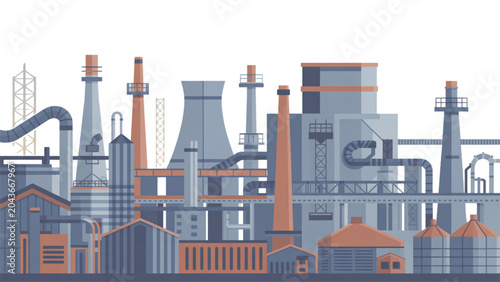 Foto Modern industrial factory complex with smokestacks and machinery under blue sky