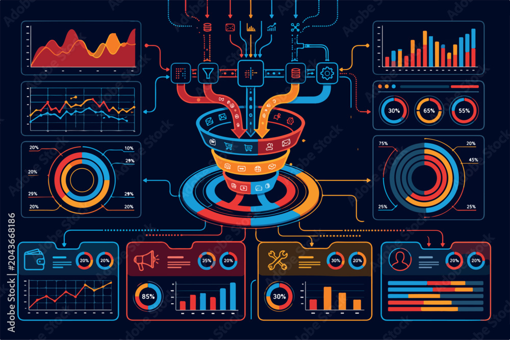Obraz premium Real-Time Business Performance Dashboard with AI Analytics and Data Science. Infographic with graph and chart on abstract background