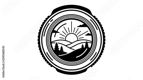 Minimalist black and white camera lens icon featuring a scenic landscape illustration.
