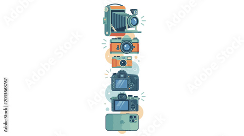 A vertical collection of various camera models illustrating the evolution of photography.