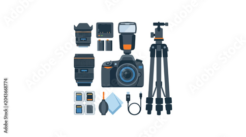 Foto A comprehensive photography equipment kit featuring a camera lens tripod and accessories