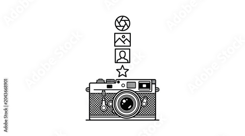 Bild auf Leinwand A detailed line art illustration of a vintage camera with floating icons above it