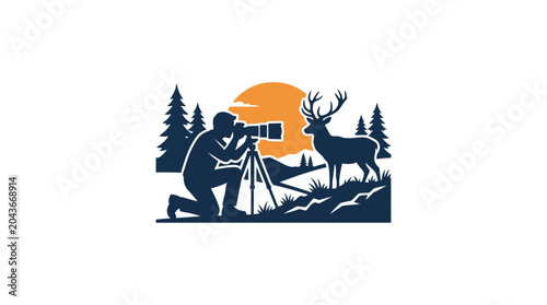 Canvastavla A silhouette of a wildlife photographer capturing a majestic deer in nature
