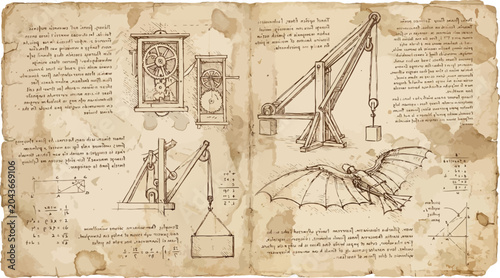 Leonardo da Vinci inventions are displayed on vintage parchment paper featuring detailed technical sketches.