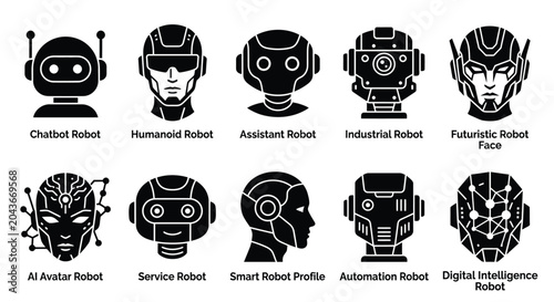 Robot Head Silhouettes Black Vector Icons On White Background