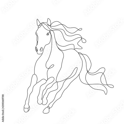 Elegant continuous one line drawing of a running horse with a flowing mane and tail. Minimalist equine vector illustration capturing freedom, strength, speed, and grace. Modern linear artwork created