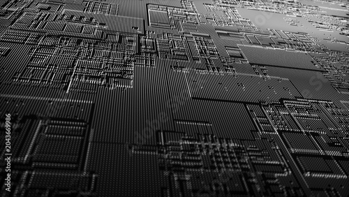 A technological background of thousands of glowing dots forms a complex circuit and electronic components reminiscent of a microchip or circuit board.