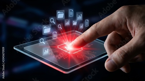 Finger touches glowing AI chip on futuristic tablet with data icons, digital transformation concept.