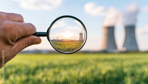 Magnifying glass reveals power plant in lush green field