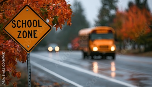 Orange school zone sign near autumn trees, yellow bus blurred on wet road