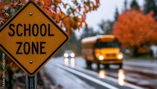 Yellow diamond sign marks a wet, autumn school zone with a bus approaching