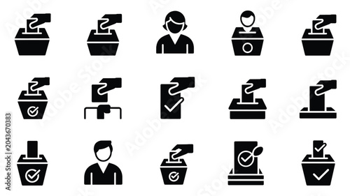 Fotografi Set of 15 Black Glyph Style Election and Voting Vector Icons